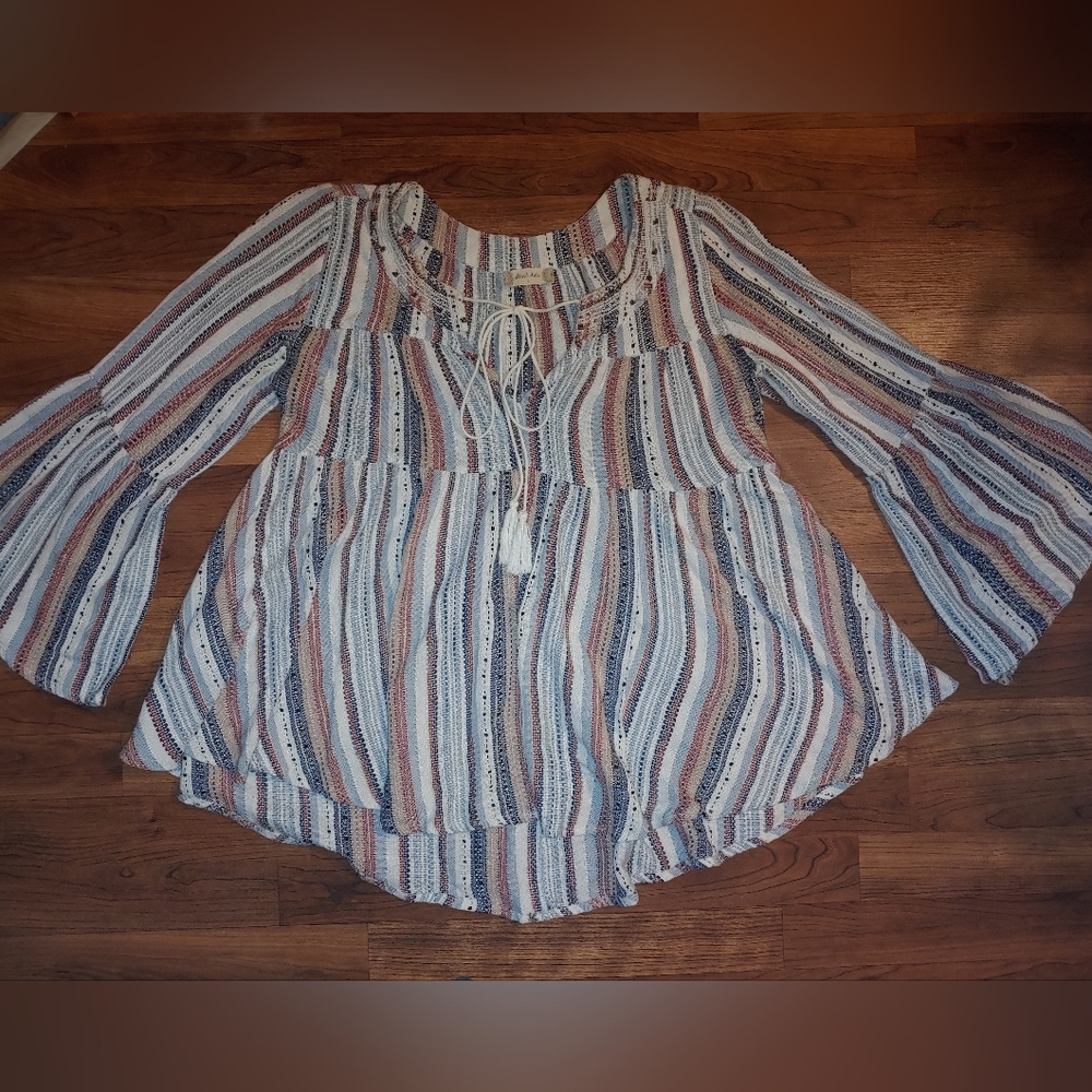 Altar'd State Bell Sleeve Stripe Tassel Top, Size L
